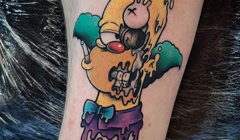 Krusty the clown tattoo by Tim Graham of Joker tattoo, Belfast.