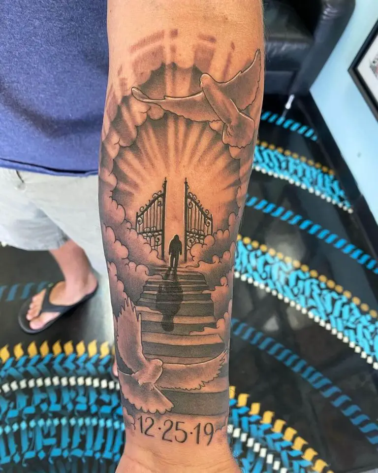 Heavens gates done by Michael Vansert at White Flower NJ Any tattoo cover  up or touch up ideas for this bad design Looks like a hospital  rtattoos